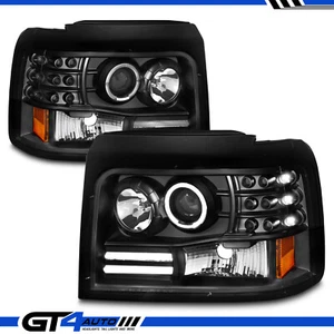 Fits 1992-1996 Ford F150 F250 F350 Bronco LED Halo Black Projector Headlight Set - Picture 1 of 6