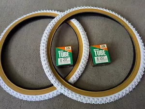 2 INNOVA WHITE/GUMS BMX BICYCLE TIRES 20X2.125 (57-406) & TUBES,COMP 3 STYLE - Picture 1 of 5