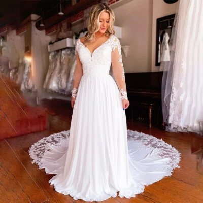 Plus Size Lace Applique Chiffon Wedding Dresses Chapel Train Lace Boho BrideGown - Image 1 of 4