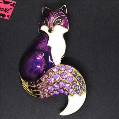 Purple Enamel Cute Animal Fox Crystal Holiday gifts Charm Women Brooch Pin Gift - Image 1 of 4