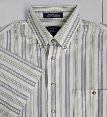 John Ashford Men's M Green Striped Wrinkle Free Oxford Short Sleeve Button Down - Image 1 of 4