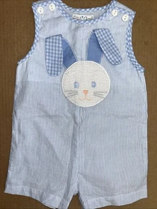 Petit Ami EUC Blue/White Stripe Bunny Appliqué Sleeveless Romper-18Mos - Picture 1 of 3