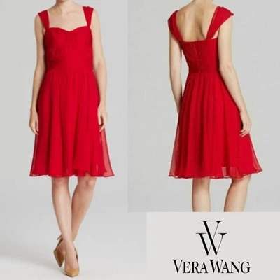 Vera Wang Red Chiffon Sweetheart Neckline Fit & Flare Ruched Cocktail Dress, S - Image 1 of 4