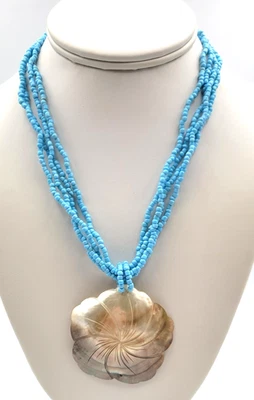 Tropical Floral Shell Pendant Multi Strand Necklace Ocean Blue Beads Button - Image 1 of 4