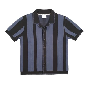¡Nuevo! Camisa cubana a rayas tejida Percival para hombre mediana azul negra campamento verano - Imagen 1 de 6