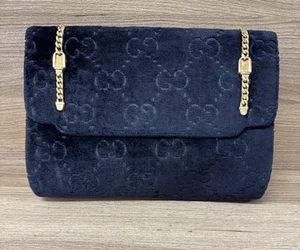 GUCCI Vintage Black Velvet GG Clutch Riri Zipper Made In Italy Gold Tone Chains - Picture 1 of 15