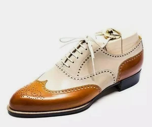 Zapatos de oficina de vestir Borgue de cuero genuino tostado y crema de dos tonos con punta de ala hechos a mano - Imagen 1 de 4