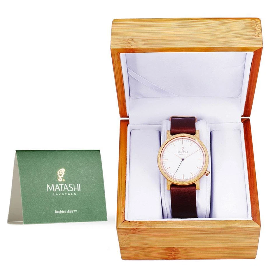 Matashi Mens and Womens Casual Wooden Wrist Watch with Brown Leather Strap 1ATM - Image 1 of 4