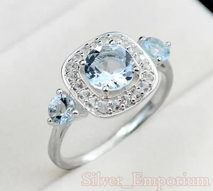 Anillo de boda de plata esterlina 925 natural 7 mm redondo aguamarina piedras preciosas para mujer - Imagen 1 de 12