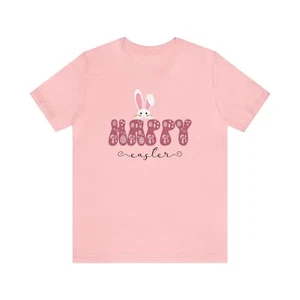 Happy Easter Bunny Ears T-Shirt Women Mom Holiday Gift Short Sleeve Crew Neck - Picture 1 of 9