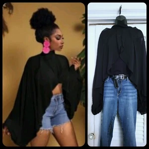 Lovely Chiffon Black BACKLESS BISHOP SLEEVES BLOUSE L - Picture 1 of 17