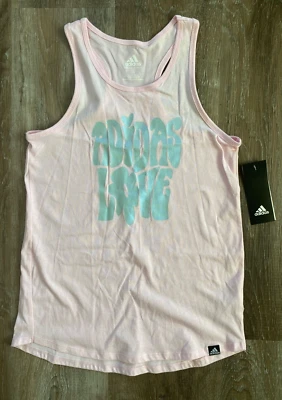 ADIDAS~NUEVO~Camiseta sin mangas con gráfico rosa para niña talla grande~14~L~NUEVA CON ETIQUETAS~"ADIDAS LOVE" Foto 1 de 4