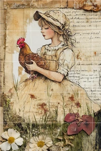 Junk Journal Kunstkarte, BAUERNMÄDCHEN MIT IHREM HUHN Sammelalbum Karte Topper 4" x 6" - Bild 1 von 1
