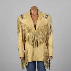 Womens Traditional Western Suede Leather Cowboy Fringe Native American Bead Coat - Picture 1 of 6
