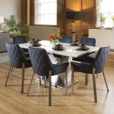 6 Seater Modern Glass Table And Chairs Dining Set White Blue Fabric - Image 1 of 4