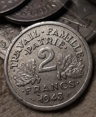 1943 Segunda Guerra Mundial Francés 2 Francos ~ Moneda Circulada de Francia, (1 Moneda) Europea  Foto 1 de 4