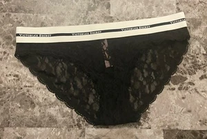 VICTORIA'S SECRET M BLACK FLORAL LACE THICK STRIPE LOGO BAND RARE BIKINI PANTIES - Picture 1 of 4