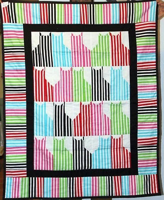 Handmade Colorful Striped Prints  Kitty Cat Quilt Throw CAT RESCUE - Image 1 of 2