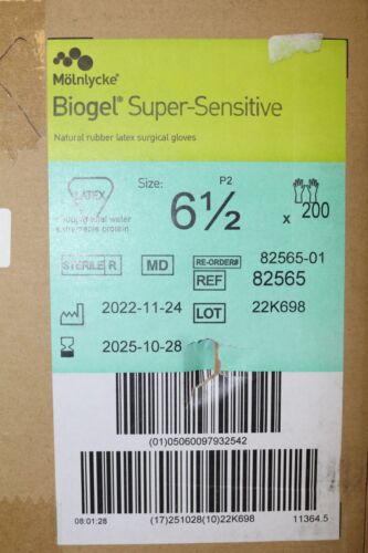 Molnlycke Biogel Super Sensitive Gloves CASE/200 Size 6 1/2 Exp 10/2025 82565