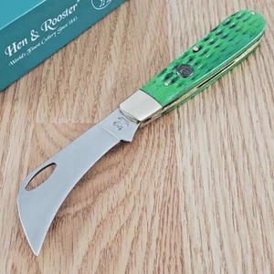 Hen & Rooster Hawkbill Folding Knife 3.5" Stainless Steel Green Pick Bone Handle - Picture 1 of 11
