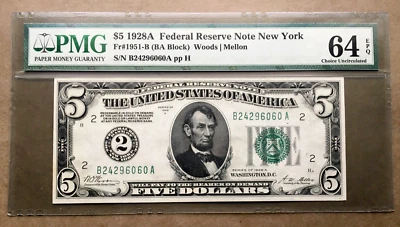 1928A $5 FRN  NEW YORK   Fr. 1951-B  /  PMG 64 EPQ  Ser# B 24296060 A - Image 1 of 3