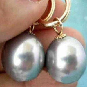 Natural 16mm gray round South sea Pearl 14k gold Earrings Jewelry Beautiful - Picture 1 of 3
