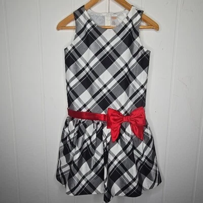 Gymboree Black White Plaid Holiday Party Dress Girls 12 Red Bow Drop Waist Tulle - Image 1 of 4
