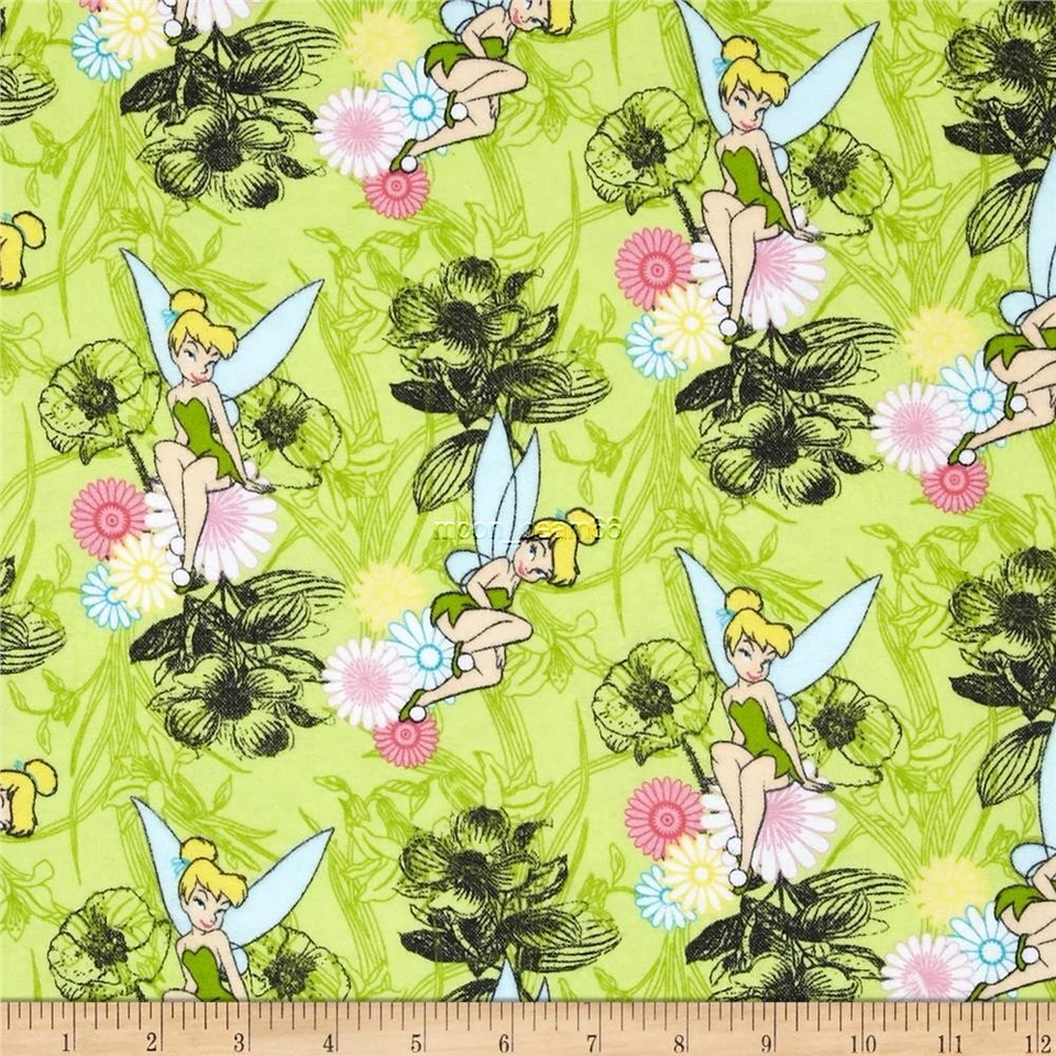 BTY Disney Tinkerbell Floral Mystic Forest Lime Green Cotton Flannel Fabric - Image 1 of 1