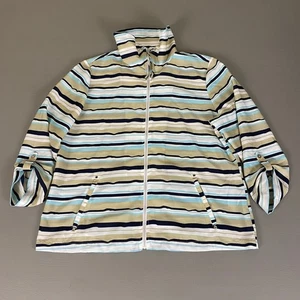 Chico's Jacket Women's Size 2 (US L) Beige Blue Striped Zip Up Roll Tab Sleeves - Picture 1 of 12