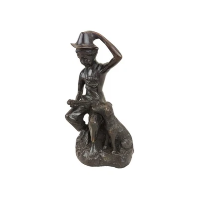Estatua de niño pescador de bronce vintage con perro y pez - decoración de cabaña rústica Foto 1 de 4