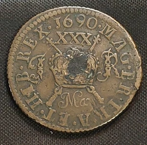 IRLAND JAMES II 1690 Mai 30 PENCE WAFFE GELD KLEINE MÜNZE GESTECKT 28,6mm I01 - Bild 1 von 2