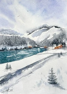 Original painting Landscape winter lake in the Alps red house Cozy houses - Picture 1 of 9