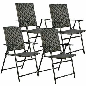 Folding Rattan Chair Brown 4 PCS Outdoor Indoor Furniture - Picture 1 of 10