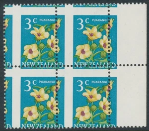 NEW ZEALAND - 1967 3c Puarangi Flower, block of 4, misperforated, MNH – SG # 849 - Picture 1 of 2