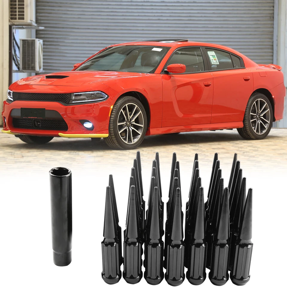 24* Tuercas de clavo negras 14 x 1,5 4,4" de alto y llave para Dodge Charger SRT 2005-2022 Foto 1 de 4