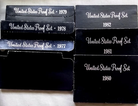 (6) U.S. Proof Coin Sets - 1977, 78. 79, 80, 81, 82, In Original packaging Cover
