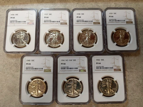 7 Coin Lot of Proof Walking Liberty Halves 1936 - 1942 - NGC Graded Cover