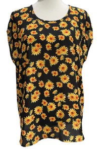 Pleione Women’s Short Sleeve Sunflower Print Double Back Pleat Blouse Top Size L - Picture 1 of 12