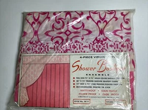 Vintage Pink Shower Curtain Set Vinyl Curtain Drapery Panel Valance NEW - Picture 1 of 5