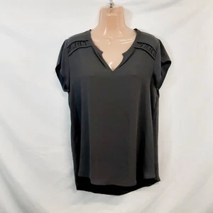 Pleione Top Blouse Shirt Women Size M Solid Gray Chiffon V Neck Short Sleeve - Picture 1 of 11