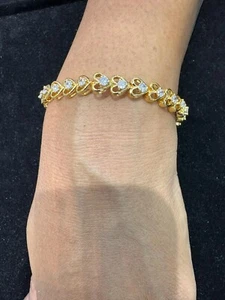 Bracciale Tennis 7 Ct Tondo Simulato Diamante Forma Cuore Placcato Oro Giallo 14k - Foto 1 di 8