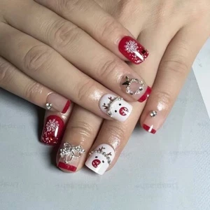 24 Short Square Red French Tip Rudolf Christmas Press On False Nails Brand New - Picture 1 of 5