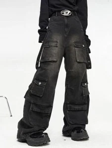 Herren schwarz breites Bein mehrere Taschen lose Punk Hip Hop Jeans Motorradhose Neu - Bild 1 von 4