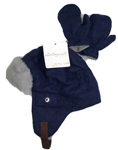 Starting Out Baby Boy Hat & Mittens Faux Fur Navy Blue Size 0-12 Months