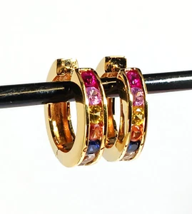Gold Sterling Silver Multi Color Rainbow Topaz Gemstones Huggie Hoop Earrings - Picture 1 of 10