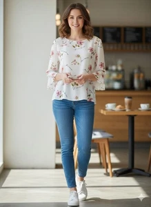 FOREVER 21 White Pink Floral Blouse Size M bloomcore officecore boho - Picture 1 of 3