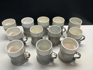 12 Vintage Wilton Armetale Plough Tavern Pewter Mugs with Ceramic Inserts USA - Picture 1 of 8