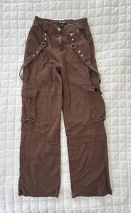 HOT TOPIC Pants Womens 3 Brown Cargo Wide Leg Suspender Straps Punk Emo Grunge - Picture 1 of 11