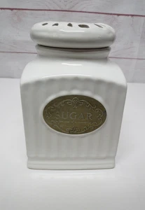 THL Lattice Farmhouse Kitchen Sugar Canister Container Ceramic White Chic - Picture 1 of 10