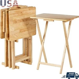 Folding Tray Table Set W/ Rack Wood Portable TV Dinner Desk Playtime Storage New - Picture 1 of 30
